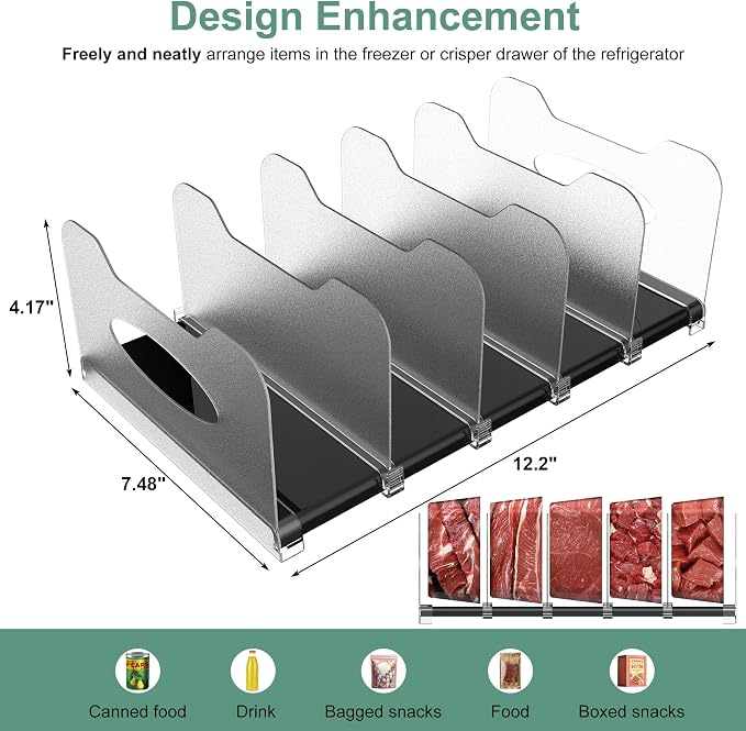Freezer Organizer,12" Visible Fridge Organizer Rack with Removable Dividers | Freely Adjustable,Easy to Pull Out and Carry Handle, Fits Refrigerator Frozen Meals, Lunch Meat Box, Cheeses, Black