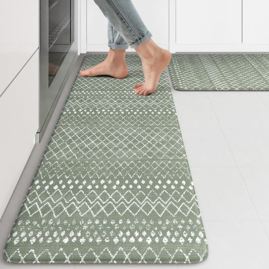KIMODE Kitchen Mats for Floor Anti Fatigue Green Boho Kitchen Rugs Sets of 2 Cushioned Kitchen Floor Mats Comfort Standing Mat Geometric Laundry Room Rug for Bathroom Sink Office Desk 17"x47"+17"x29"