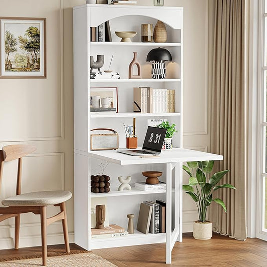 Folding Desk with Storage, Space-Saving Foldable Convertible Writing Table, Wall Mount Fold Out Computer Desk for Home Office, Craft Room, Living Room, Bedroom, White