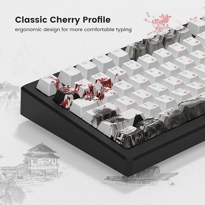 Womier PBT Keycaps Set 130 Keys, Custom White Japanese Keyboard Doubleshot Dye Sub Side Print Shine Through Keycaps 60 65 75 100 Percent, Cherry Profile