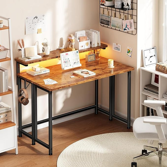 Folding Desk,Foldable Computer Desk with Monitor Stand,39.4 Inch Gaming Desk with LED Lights & Hooks,Space Saving Sofa Table for Couch,Home Office Desk for Bedroom Living Room,Rustic Brown