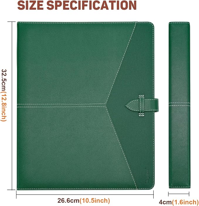 Toplive Padfolio 3 Ring Binder Organizer Business Portfolio Folder for Women, A4/ Letter Size PU Leather Portfolio Padfolio for Interview Conference Presentation, Dark Green