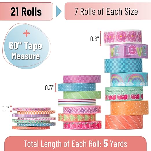Mr. Pen- Washi Tape Set, 21 Rolls, Assorted Sizes, Pastel Bliss | 5 Yards/Roll, Washi Tape for Scrapbook, Arts, Crafts, Journals and Planners