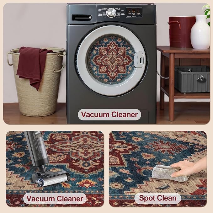 Tangsoo Oriental Red Rug 5x7 Washable Area Rugs for Living Room, Vintage Indoor Non Slip Large Area Rugs, Print Distressed Carpet, Soft Boho Low Pile Foldable Floor Rug for Bedroom Dining Room