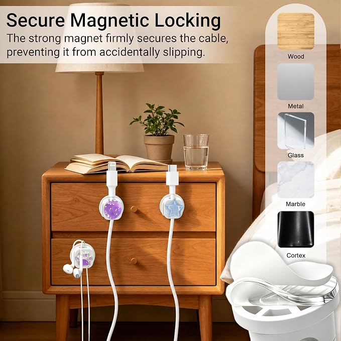 9Pack Magnetic Cable Clips,Night-Glowing Cord Holder,White | Cute Rotating Charger Holder,Strong Adhesive Cable Management, For Nightstand Office Car Home Desk Wall,Strawberry Star Cat