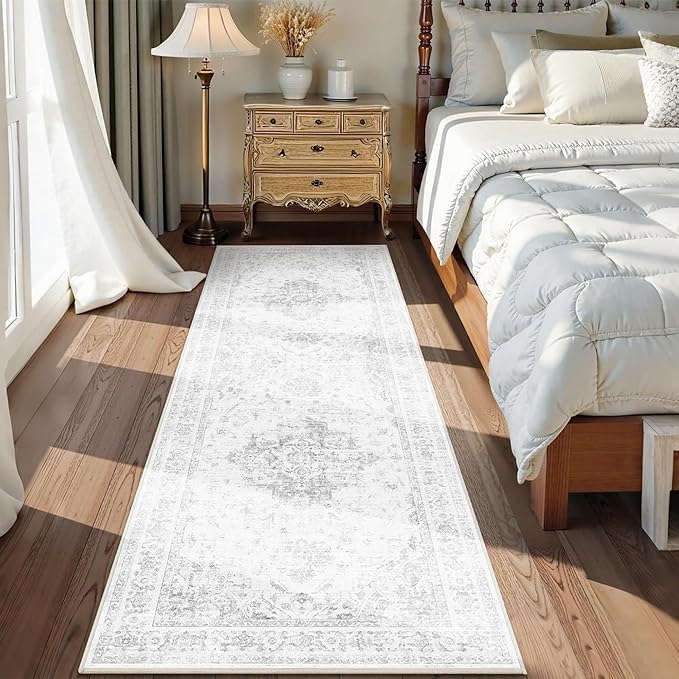 2.6x8 Gray Vintage Runner Rug Hallway Washable Area Rugs Non Slip Boho Medallion Long Rug Distressed Retro Carpet Floral Soft Low Pile Indoor Throw Rug for Kitchen Bedroom Bathroom Dining Room Office