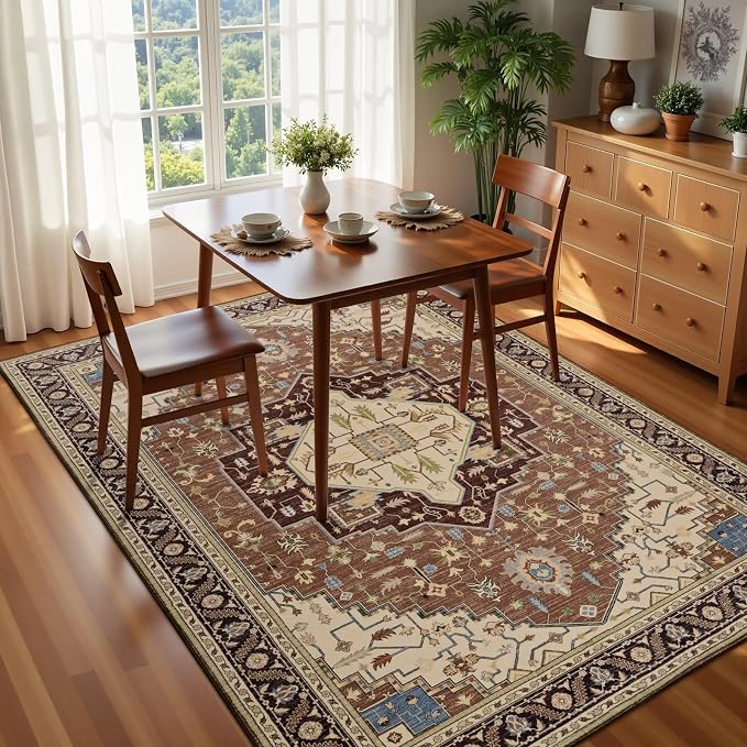Macgace 4x6 Mousse Brown Area Rug for Living Room, Machine Washable Rugs with Non-Slip Backing for Bedroom, Vintage Medallion Carpet Kitchen Laundry Kids Room Decor