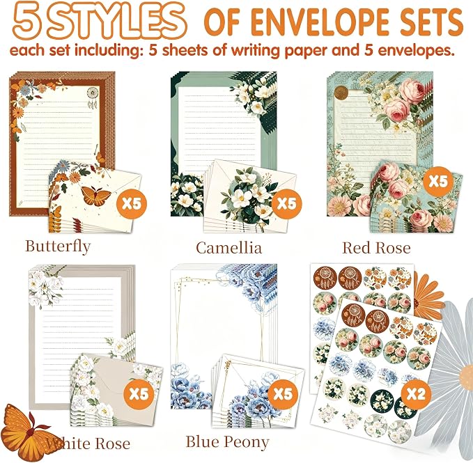 Vintage Rose Stationery Set, 5 Styles Letter Kit with 25 Envelopes, 25 Lined Paper, 2 Sheets Stickers (40pcs), Floral Stationery for Pen Pal, Invitations, 90 Pcs Total