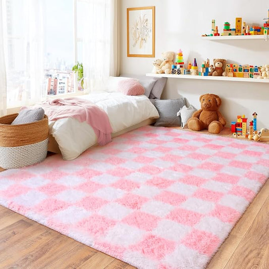 Checkered Rug 4x6 for Bedroom, Ultra Fluffy Shag Area Rugs for Living Room, Upgrade Anti-Skid High Pile Soft Rug Fuzzy Carpet for Living Room Bedroom Kids Room Nursery, Dorm Home Decor, Pink and White