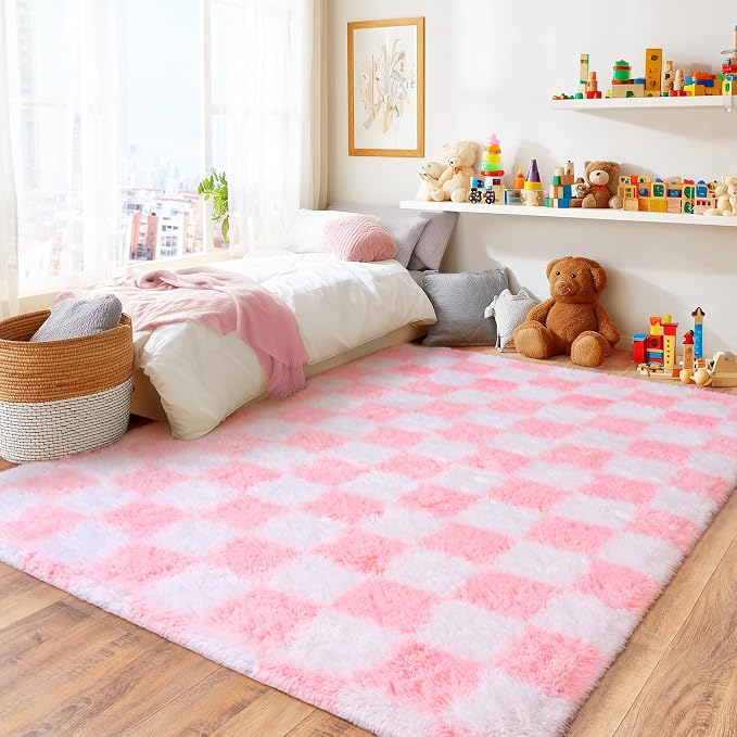 Area Rugs for Living Room Bedroom 8x10, Ultra Fluffy Shag Checkered Rug Modern Washable Carpet Soft Shaggy Non Slip Indoor Plush Fuzzy Rugs for Bedroom Dorm Office Home Aesthetic Decor, Pink and White