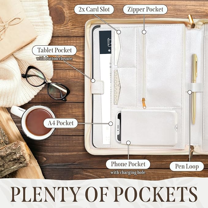 Padfolio for Women, PU Leather Zipper Binder, Beige Portfolio Organizer A4, Design Zipper Padfolio, Aesthetic Portfolio Binder, Portfolio for Ipad or Laptop, Organizer Case, Folder Organizer
