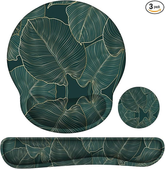 iLeadon Ergonomic Mouse Pad with Wrist Support, Easy Typing & Pain Relief, Keyboard Wrist Rest and Mouse Pad Set with Non-Slip Base for Computer Home, Green Leaves