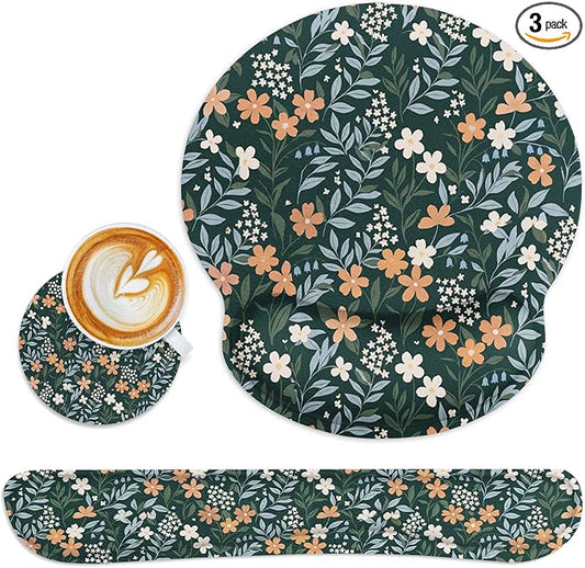 Vintage Green Floral Wildflower Ergonomic Mouse Pad Set with Wrist Rest Non-Slip Rubber Base Wrist Cushion Support and Coasters Mousepad with Wrist Support for Computer Keyboard and Desk