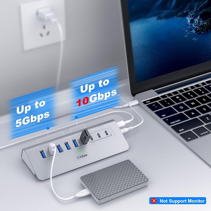 Powered USB Hub 10Gbps, intpw YH6AC 9-Port USB 3.2 /USB C Hub with USB A/USB C 3.2, 4 USB 3.0, 2 PD 45W Charging Port, 65W Power Adapter + 5FT Cable, Aluminum USB Hub for PC, iPhone 17/16/15/Laptop