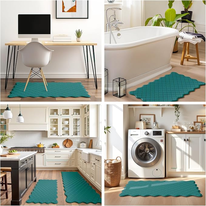 Arenarug Upgrade Scalloped Embossed Kitchen Mats for Floor 2PCS Cushioned Anti Fatigue Waterproof Foam Kitchen Rugs Non Slip Washable Comfort Standing Mat for Sink Laundry, Spruce Green