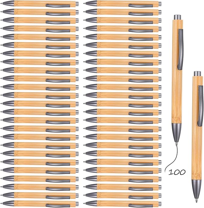 100pcs Wooden Bamboo Pens Bulk Wood Retractable Ballpoint Pen Black Ink 1mm Thank You Wooden Pens Engraving Wood Ballpoint Pen for Office School Teacher Coworker Student Journal Graduation Gifts