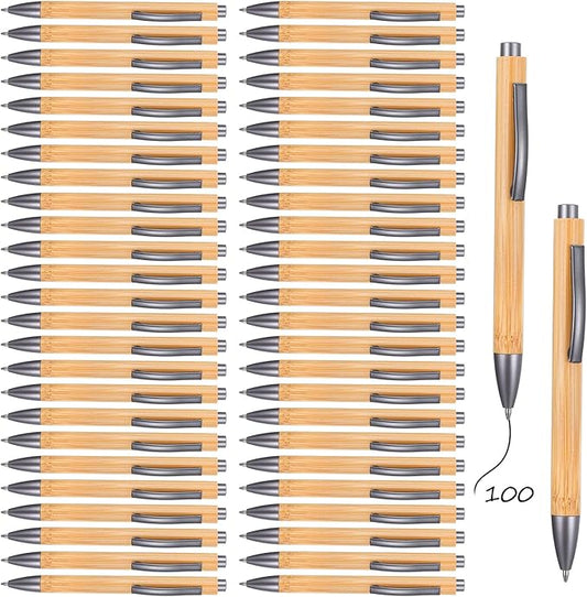 100pcs Wooden Bamboo Pens Bulk Wood Retractable Ballpoint Pen Black Ink 1mm Thank You Wooden Pens Engraving Wood Ballpoint Pen for Office School Teacher Coworker Student Journal Graduation Gifts
