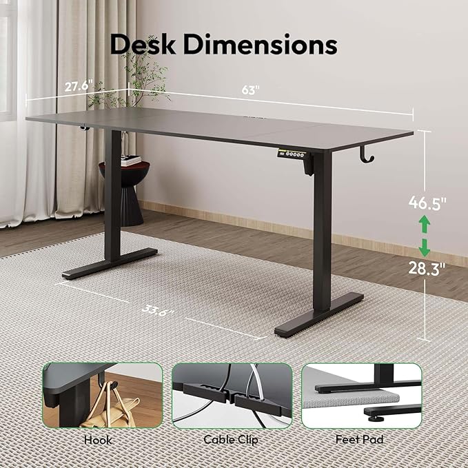 Large Electric Standing Desk,63x28 Inches Adjustable Height Stand up Desk, Sit Stand Home Office Desk, 3 Preset Heights,Equipped with Hooks,Ergonomic Computer Desk Workstation，Black