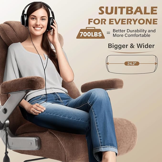 Fabric 700lbs Big and Tall Office Chair, Ergonomic Heavy Duty Executive Cloth Office Chair with 5D Flip Arms & Adjustable Lumbar Support & Dual Rubber Wheel, Large Thick Padded Extra Wide Seat, Brown