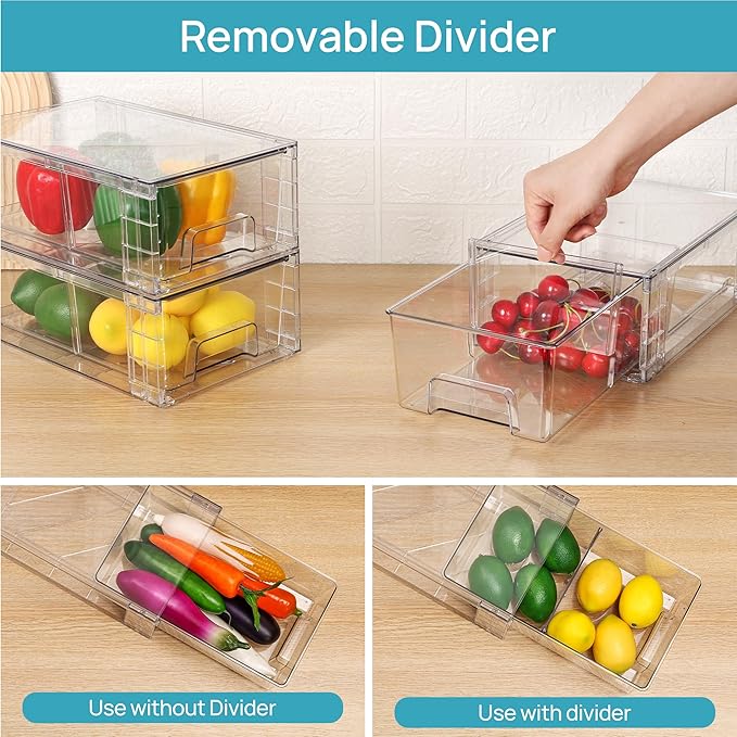 Vtopmart 4 Pack Stackable Storage Drawers,Clear Acrylic Drawer Organizers with Handles, Easily Assemble for Fridge, Bathroom,Kitchen Undersink,Cabinet,Pantry Organization and Storage | Clear Drawer Organizers with Removable Dividers for Flexible storag...
