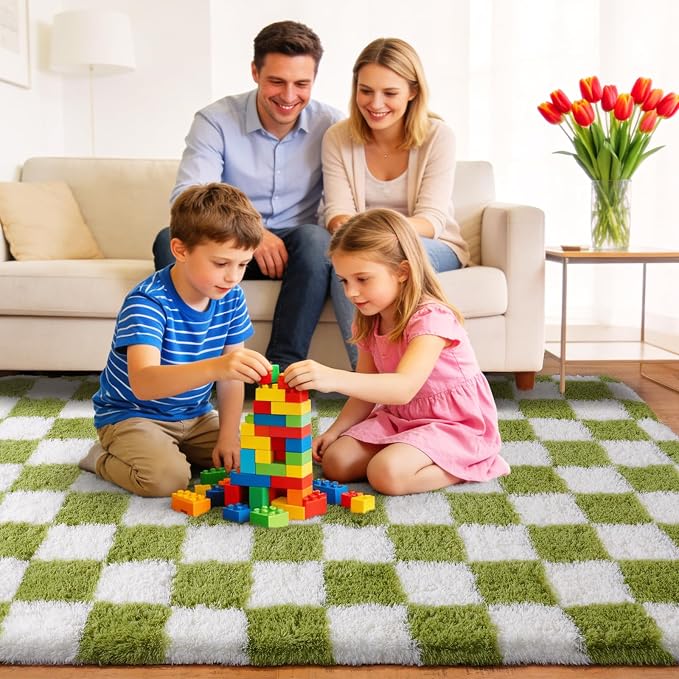 Area Rugs for Living Room 6x9, Ultra Fluffy Checkered Rug Fuzzy Shag Shaggy Carpets for Bedroom, Modern Non-Slip Indoor Soft Plush Furry Rug for Boy Girls Room Dorm Home Decor, Cream and Green