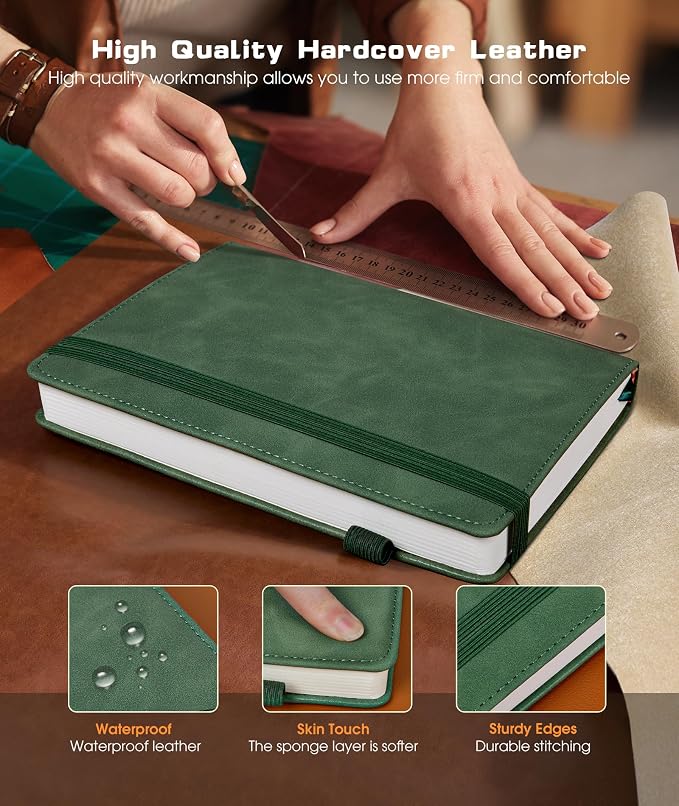 dilitego Lined Journal Notebook for Women Men, 256 Numbered Pages Hardcover Leather Journals for Writing, A5 Journaling Notebooks, College Ruled Journal for Business Work School 5.75" x 8.38" Green