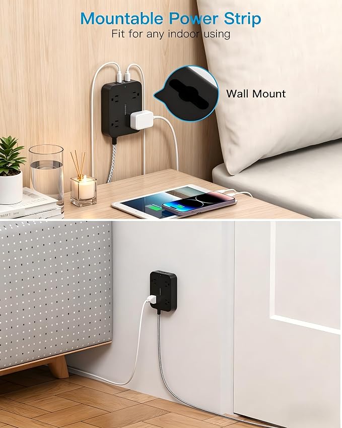 HANYCONY 5 Ft Braided Extension Cord with Ultra-Thin Flat Plug, 4 Widely Spaced Outlets & 4 USB Ports (2 USB C), Non-Surge Protector Power Strip for Cruise Ship, Travel Essentials, Home Office, Black