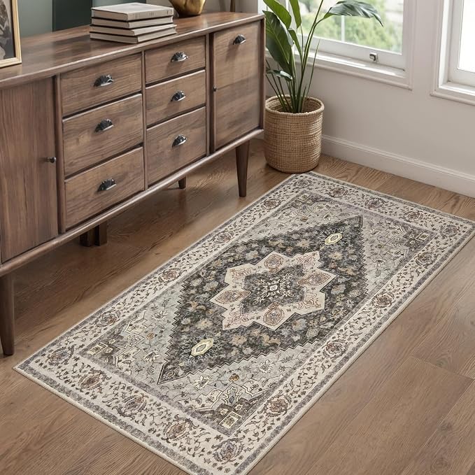 Tangsoo Kitchen Rugs 2x4 Washable Rug for Entryway Vintage Non Slip Small Rugs Front Door Mat Indoor Entrance, Farmhouse Throw Rug Grey Soft Low Pile Rugs Small Carpet for Entry Bedroom Bathroom