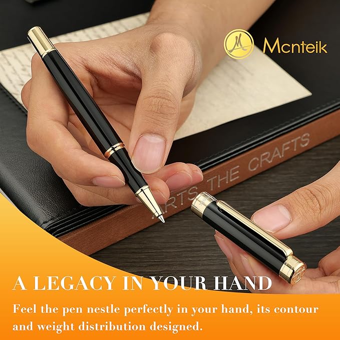 Black Lacquer Rollerball Pen - Stunning Luxury Pen, 24K Gold Plating, Schmidt Refill, Precision Flow Ink, Best Roller Ball Gift Set for Men & Women, Professional, Executive Fancy, Nice Pens