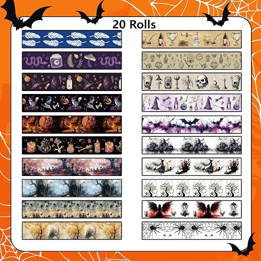 Halloween Washi Tape Set 20 Rolls Witchs Themed Decorative Tapes Holiday Washi Tape for Kids Halloween DIY Art Crafts Notebook Scrapbooking & Stamping Supplies