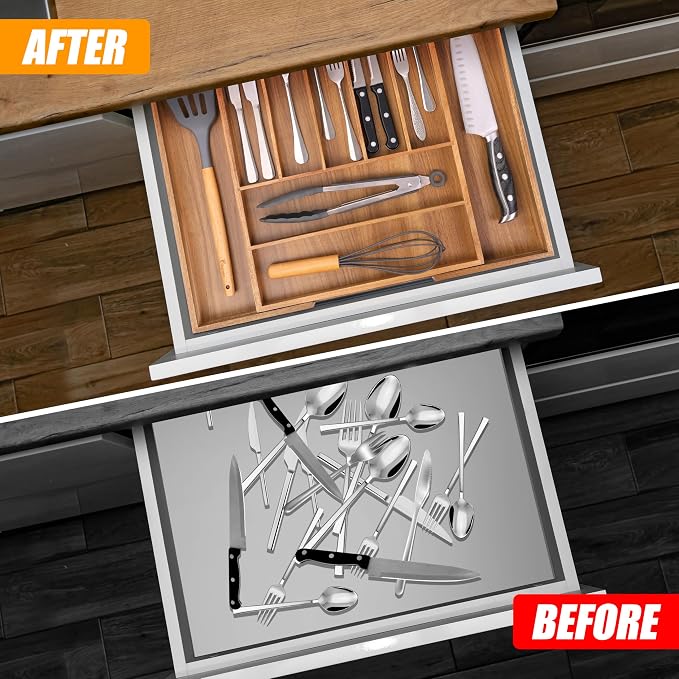 Large Premium Acacia Wood Silverware Organizer - Expandable Utensil Drawer Organizer - 17"x19.6" Utensil Holder and Cutlery Tray with Grooved for Kitchen Flatware Utensils(7-9 Slot, Acacia)