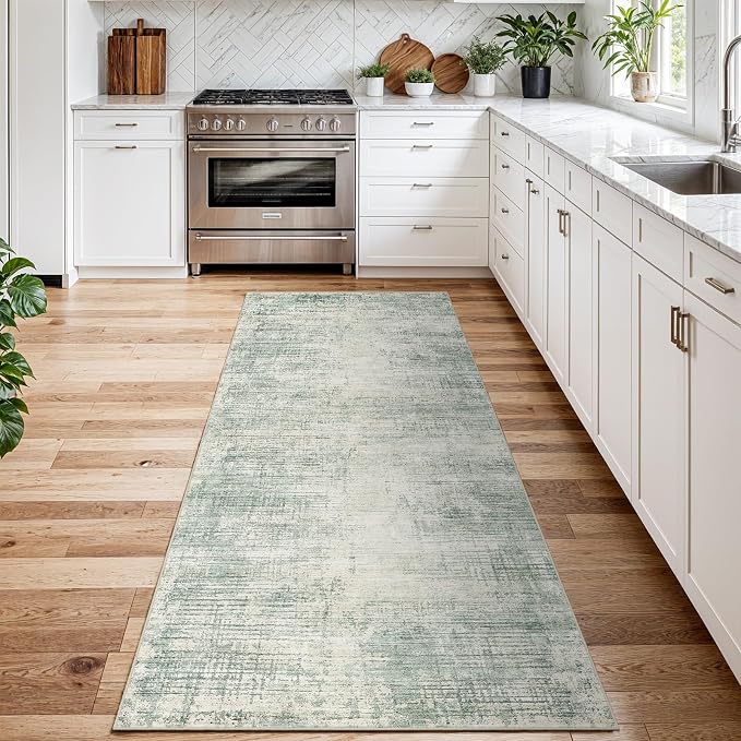3x8 Hallway Washable Runner Rug - Non-Slip Kitchen Rugs with Rubber Backing Abstract Neutral Low-Pile Carpet Runners for Laundry Room Home Decor Bedroom Bathroom Entryway (Green,3x8)