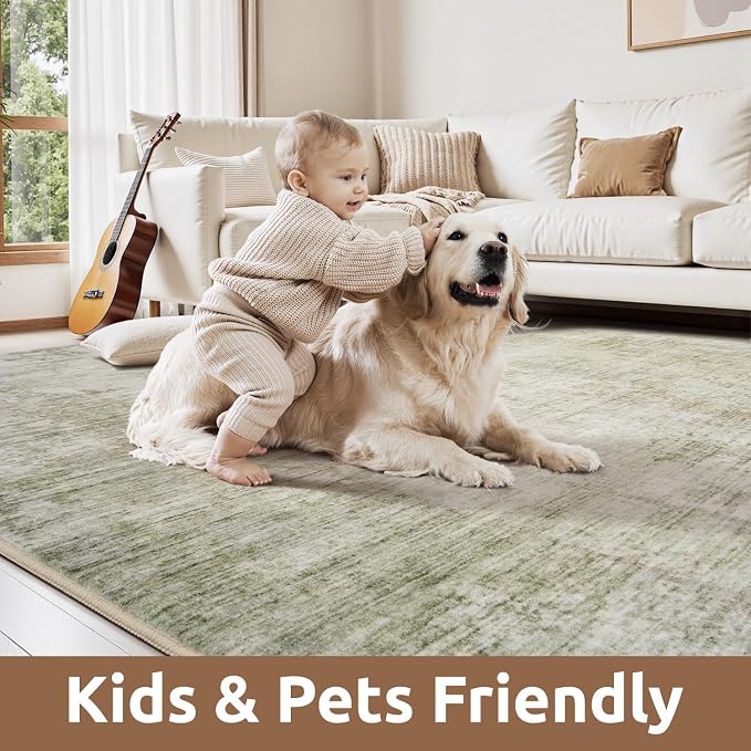 8 x 10 Area Rugs for Living Room, Machine Washable Non Slip Rug Ultra Soft Low Pile Indoor Carpet Modern Abstract Rugs for Bedroom Office Room Dining Room Beside, Green