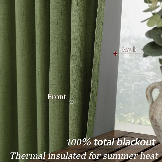 KOUFALL 102 Inch Long Curtains Linen Blackout Green Pleated Boho Curtains for Bedroom Living Room