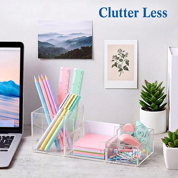 Novabright Magnetic Acrylic Desk Organizer, 3-in-1 Modular Pen Holder, Clear Desktop Stationery Caddy with Sticky Note Tray, 6 Compartments Office & Home Desk Storage Organizer