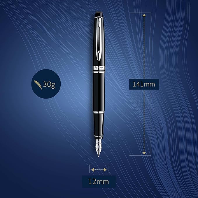 Waterman Expert Fountain Pen, Gloss Black with Chrome Trim, Medium Nib with Blue Ink Cartridge, Gift Box