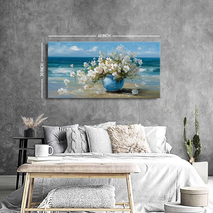 AIYISU Vintage Flowers Canvas Wall Art White Blossom Painting Retro Flowers in Blue Vase Pictures Blue Ocean Coastal Landscape Prints Poster Floral Artwork for Bathroom Bedroom Home Decoration 30x60