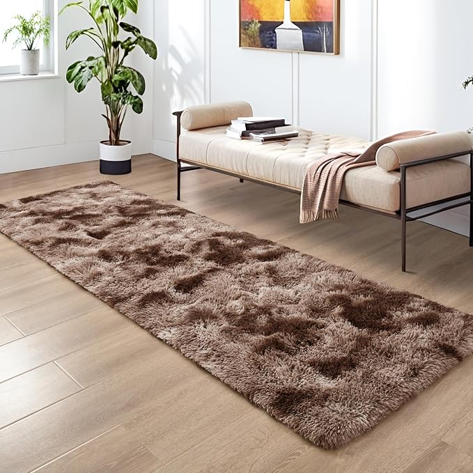 Tepook Fluffy Runner Rugs for Bedroom Aesthetic 2x6 Feet, Shag Soft Bedside Rug with Non-Slip Bottom, Fuzzy Plush Carpet for Room, Hallway Rug for Nursery Dorm Indoor Home Decor, Tie-Dyed Coffee