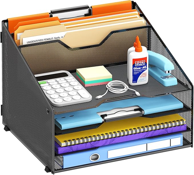 Desk File Organizer, 4 Letter Trays and 2 Upright Sections, Black | Paper Organizer for Desk with Tiered Letter Trays and Vertical File Holders for Home Office, School and Workspace Use