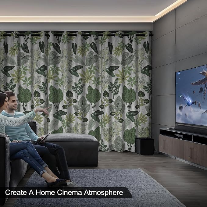 Blackout Curtains 84 Inch Length 2 Panels Set, Tropical Leaves Pattern Printed Thermal Insulated Drapes Noise Reduction Room Darkening Grommet Blackout Curtains for Bedroom Living Room Window