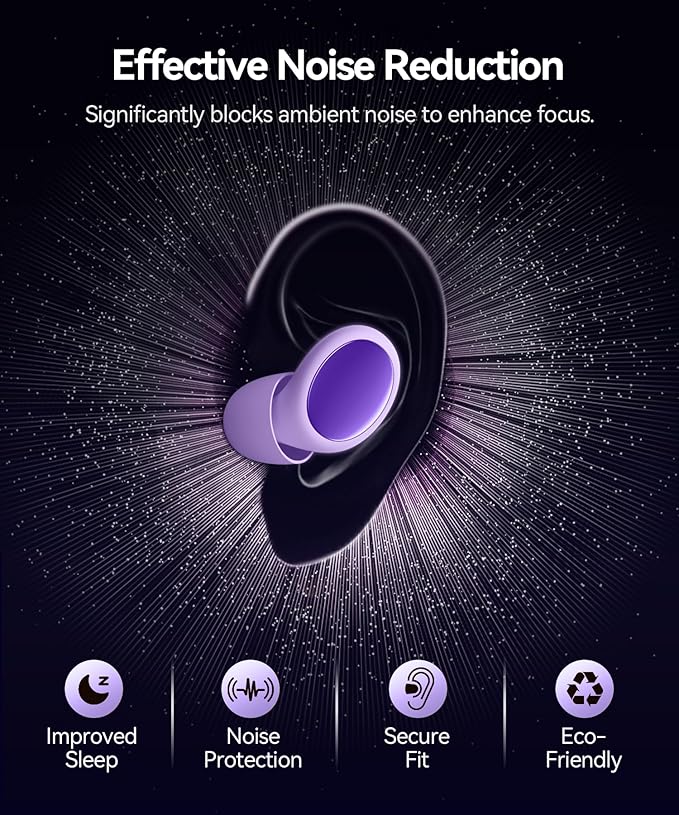 Ear Plugs for Sleeping 45dB Noise Cancelling Ear Plugs for Noise Reduction & Snoring, Concerts, Earplugs for Sleep,Sider Sleepers Airplane, Silicone Earplugs Reusable Concert Ear Plug+8Tip Violet