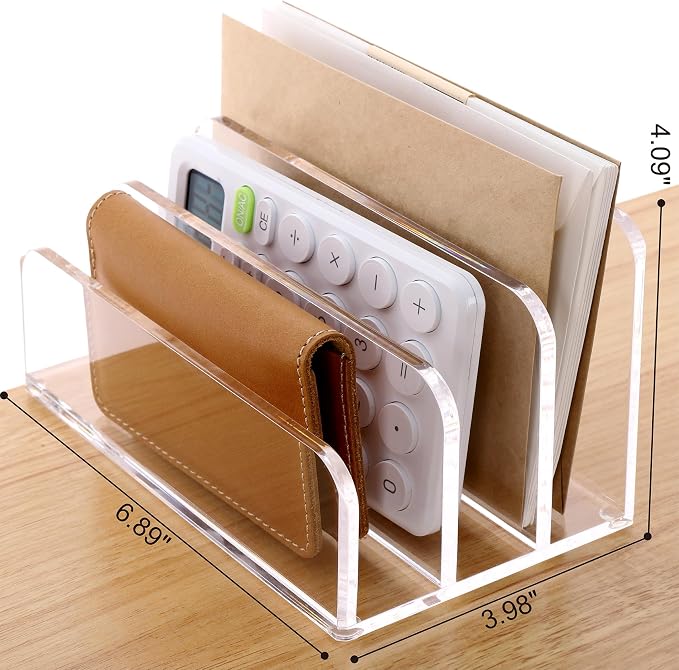 SANRUI Clear Acrylic Mail File Organizer Sorters for Desk, 3 slot Laddered | Desktop Vertical Letter Holder, Multifunction Envelope Folder Racks Holders for Office,Home, School