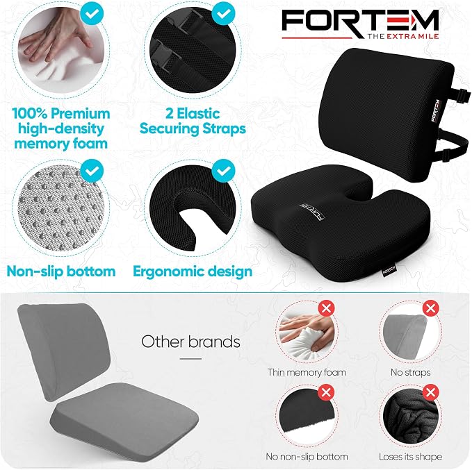 FORTEM Seat Cushion, Office Chair Cushion, Lumbar Support Pillow for Office Chair, Memory Foam Car Seat Cushions, Sciatica Coccyx Tailbone Pain Relief, Cushions for Back Support, Washable, Non Slip