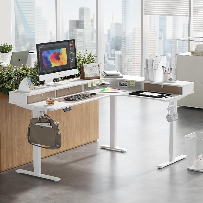 CubiCubi L Shaped Standing Desk with Drawers 63 x 48 Inch Adjustable Height, Electric Corner Desk with Storage, Sit Stand Home Office Desk with Splice Board, White