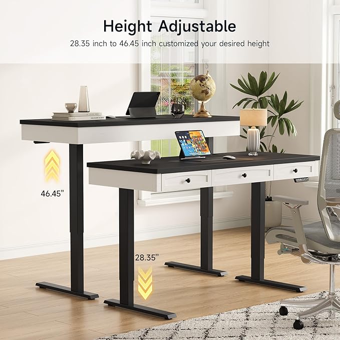 ONBRILL Standing Desk with 3 Drawers, 55 x 24 Inch Electric Height Adjustable Desk with Storage & Outlets, for Computer Workstation, Home Office, Retro Curved Table Corner & Drawers, Black
