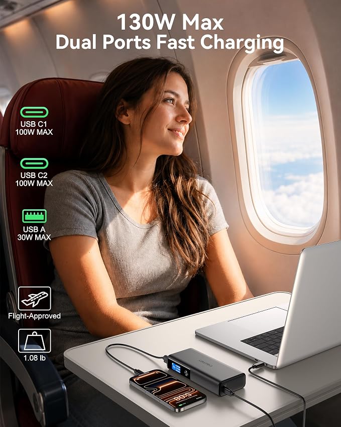 GREPRO 100W Laptop Power Bank, 20000mAh 130W Total Aluminum Alloy USB C Portable Charger, Travel Essential Fast Charging Battery Pack for iPhone 17-12 Series/MacBook/iPad/Tablet/Steam Deck/Galaxy S26