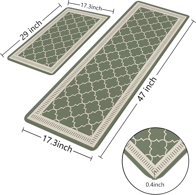 Sage Green Vintage Moroccan Grid Elegance Kitchen Rug Sets [2 PCs], Anti-Fatigue, Waterproof Non-Slip Kitchen Mats Heavy Duty Comfort Foam Rug for Kitchen, Floor, Laundry,17"x29"+17"x47"