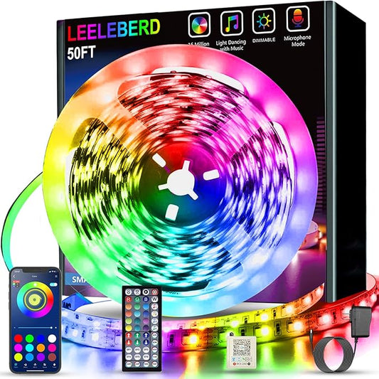 Leeleberd 50ft Led Lights for Bedroom, Bluetooth Smart APP Control RGB Color Changing Led Strip Lights with Remote Control and Power Adapter Led Lights for Room Kitchen Party Home Decoration