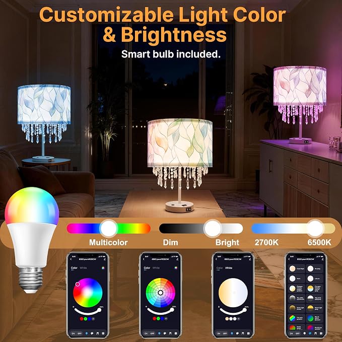 Smart Table Lamp with Colorful Leaf Fabric Shade & Acrylic Droplets, E26 LED Bulb Included, Bedside Desk Lamp with USB C & AC Outlet, App & Voice Control, Compatible with Alexa & Google Assistant