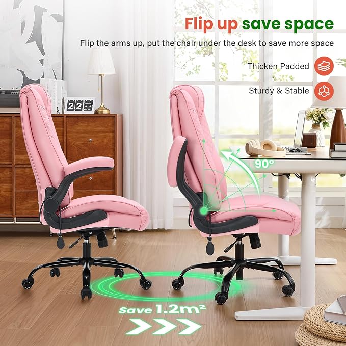 CIOMAN 500lbs Big and Tall Office Chair with Inflatable Lumbar Support, Rubber Wheels Executive Chair with Rocking Function, High Back Wide Cushion Ergonomic Desk Chair for All-Day Sitting,Pink